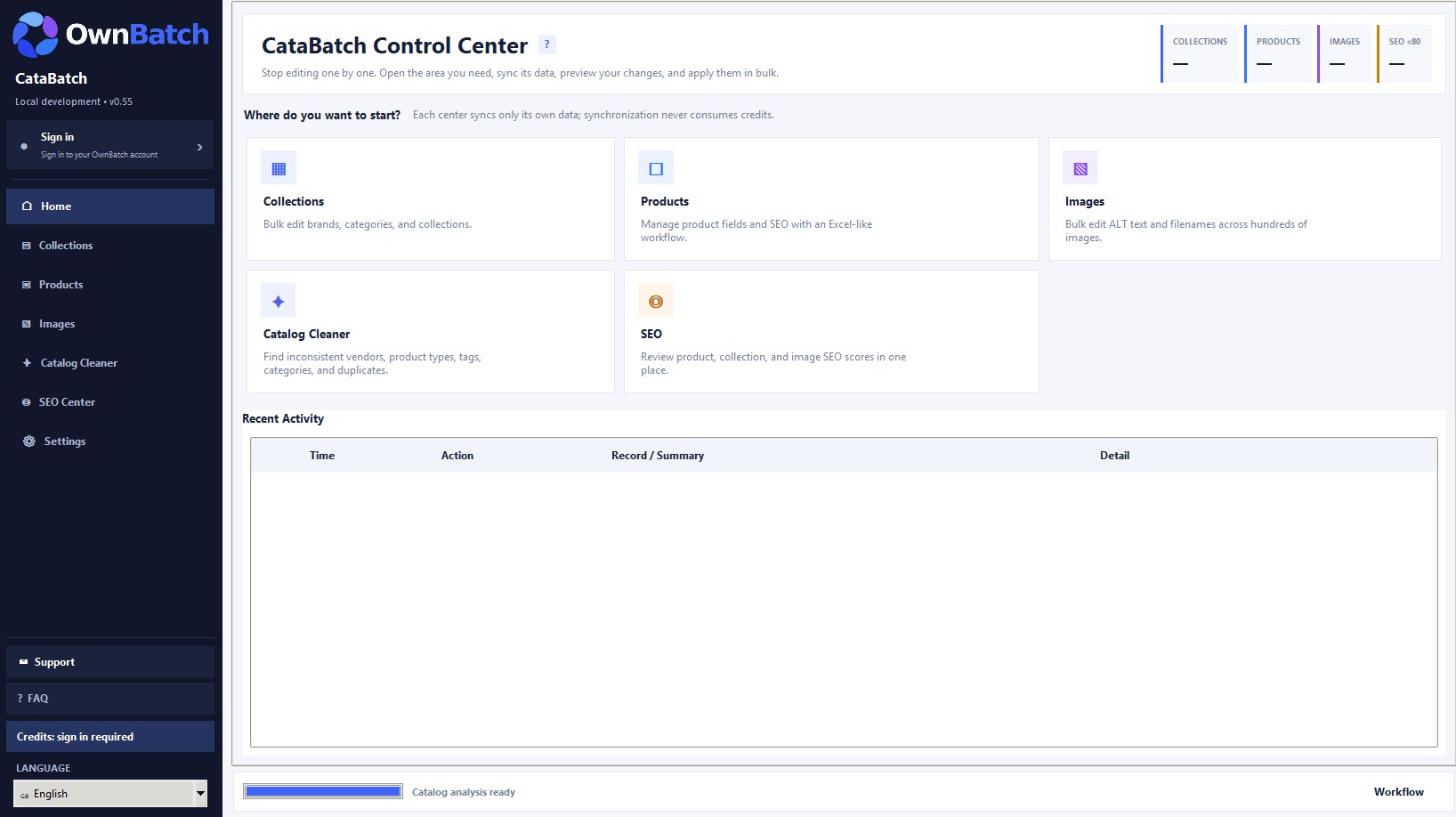 CataBatch control center with Shopify collections, products, images, catalog cleanup and SEO tools