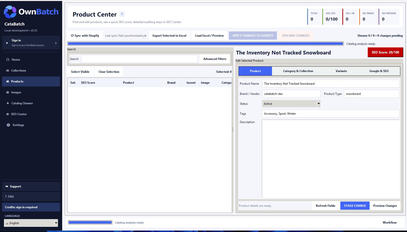 CataBatch Shopify app product center with bulk catalog editing and change preview
